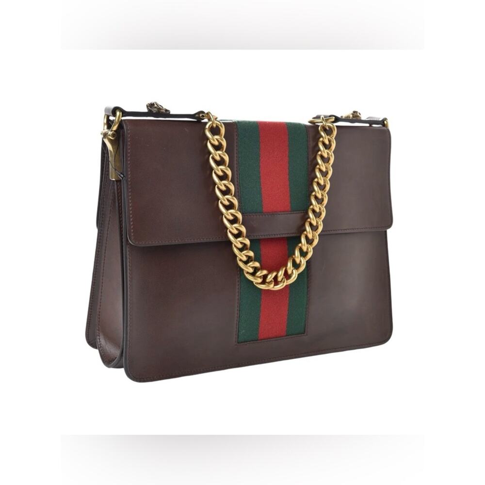 Gucci GG Marmont Web Shoulder Bag Brown Leather Gold Chain Crossbody Designer - Picture 3 of 17